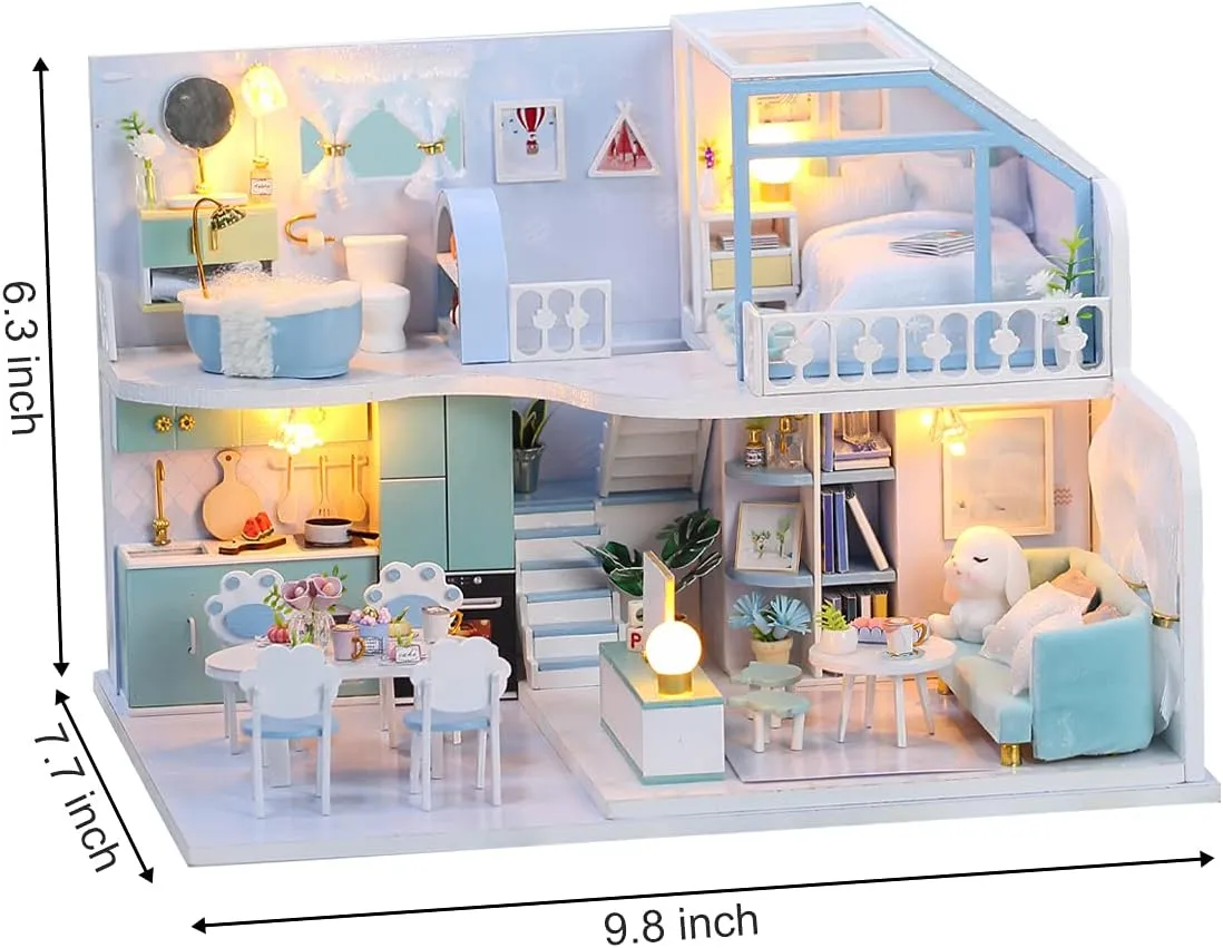 GuDoQi DIY Miniature Dollhouse Kit, Tiny House kit with Furniture, Miniature House Kit 1:24 Scale, Great Gift for Birthday Father's Day, Beautiful Blue Room