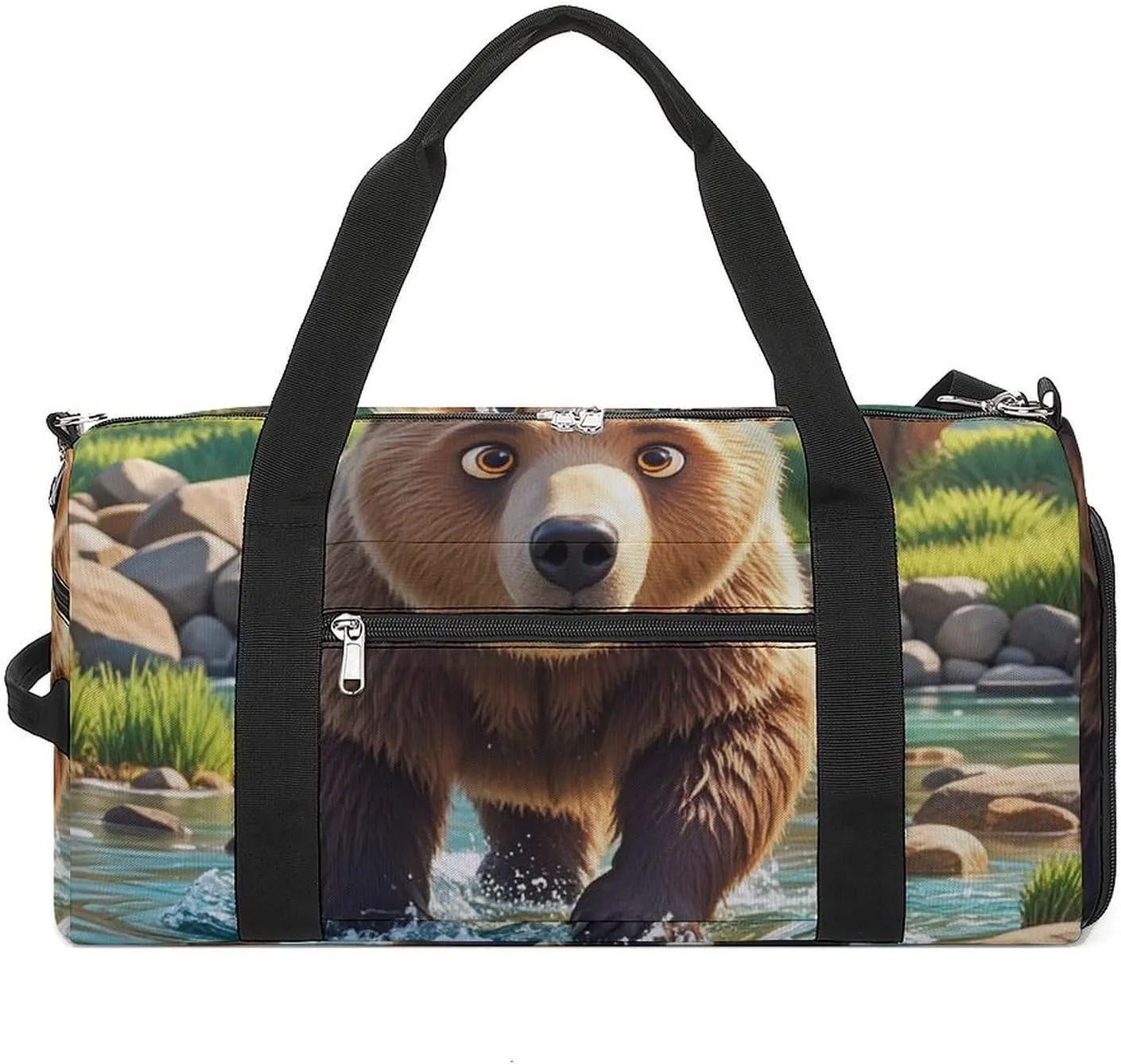 Gym Bag Bear Crossing The River Cartoon Printed Duffle Bag Yoga Bag Small Printed Gym Bag for Gym Travel Swimming