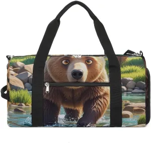 Gym Bag Bear Crossing The River Cartoon Printed Duffle Bag Yoga Bag Small Printed Gym Bag for Gym Travel Swimming