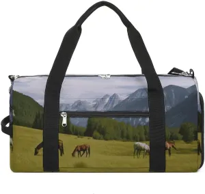 Gym Bag Duffle Bag Mountain Pasture Grazing Horses Printed Yoga Bag Printed Backpack Duffel Bag Small Gym Bag for Travel Sports