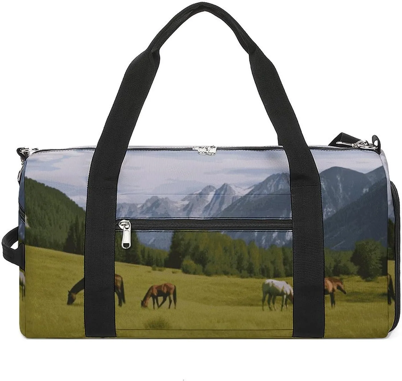 Gym Bag Duffle Bag Mountain Pasture Grazing Horses Printed Yoga Bag Printed Backpack Duffel Bag Small Gym Bag for Travel Sports