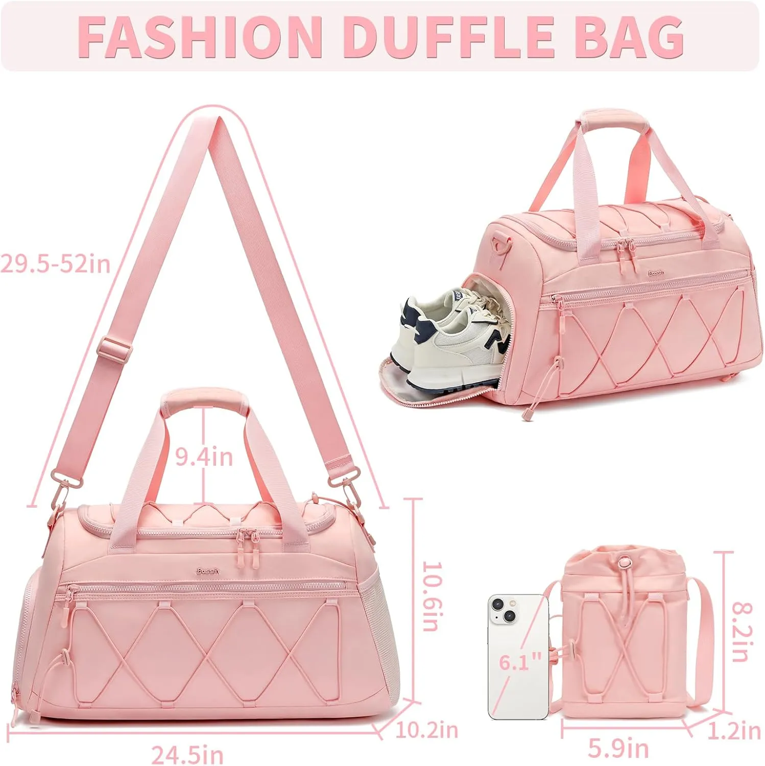 Gym Bag for Women, 40L Sports Travel Duffel Bag Gym Backpack with Shoe Compartment, Carry on Weekender Overnight Bag, Personal Item Travel Bag Workout Tote Bag Pink