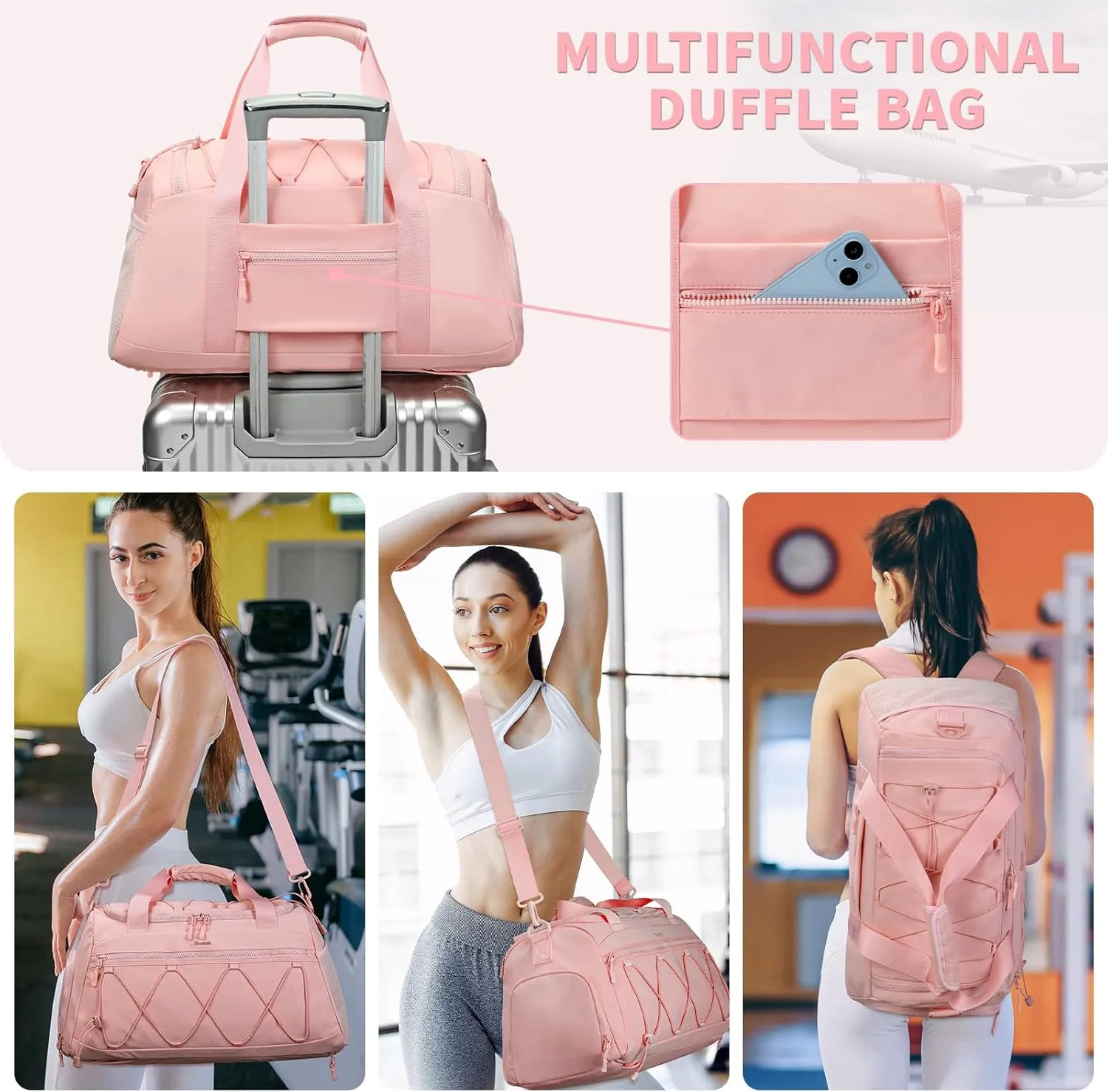 Gym Bag for Women, 40L Sports Travel Duffel Bag Gym Backpack with Shoe Compartment, Carry on Weekender Overnight Bag, Personal Item Travel Bag Workout Tote Bag Pink