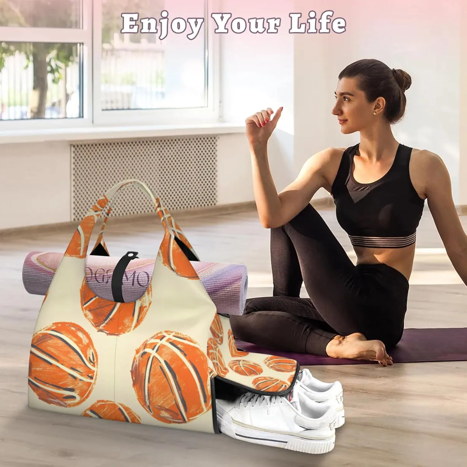 Gym Bag for Women Basketballs Printed Duffel Bag with Shoe Compartment and Yoga Mat Holder Portable Weekender Bags Travel Tote Bags