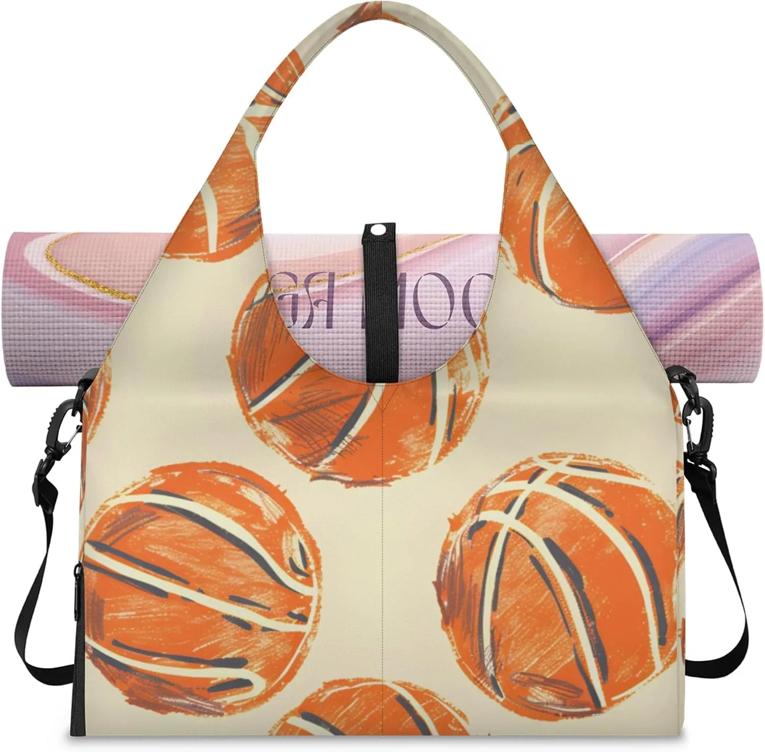 Gym Bag for Women Basketballs Printed Duffel Bag with Shoe Compartment and Yoga Mat Holder Portable Weekender Bags Travel Tote Bags