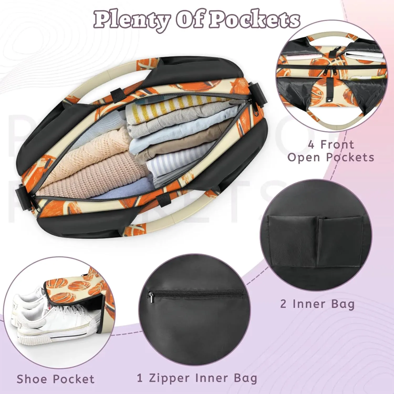 Gym Bag for Women Basketballs Printed Duffel Bag with Shoe Compartment and Yoga Mat Holder Portable Weekender Bags Travel Tote Bags