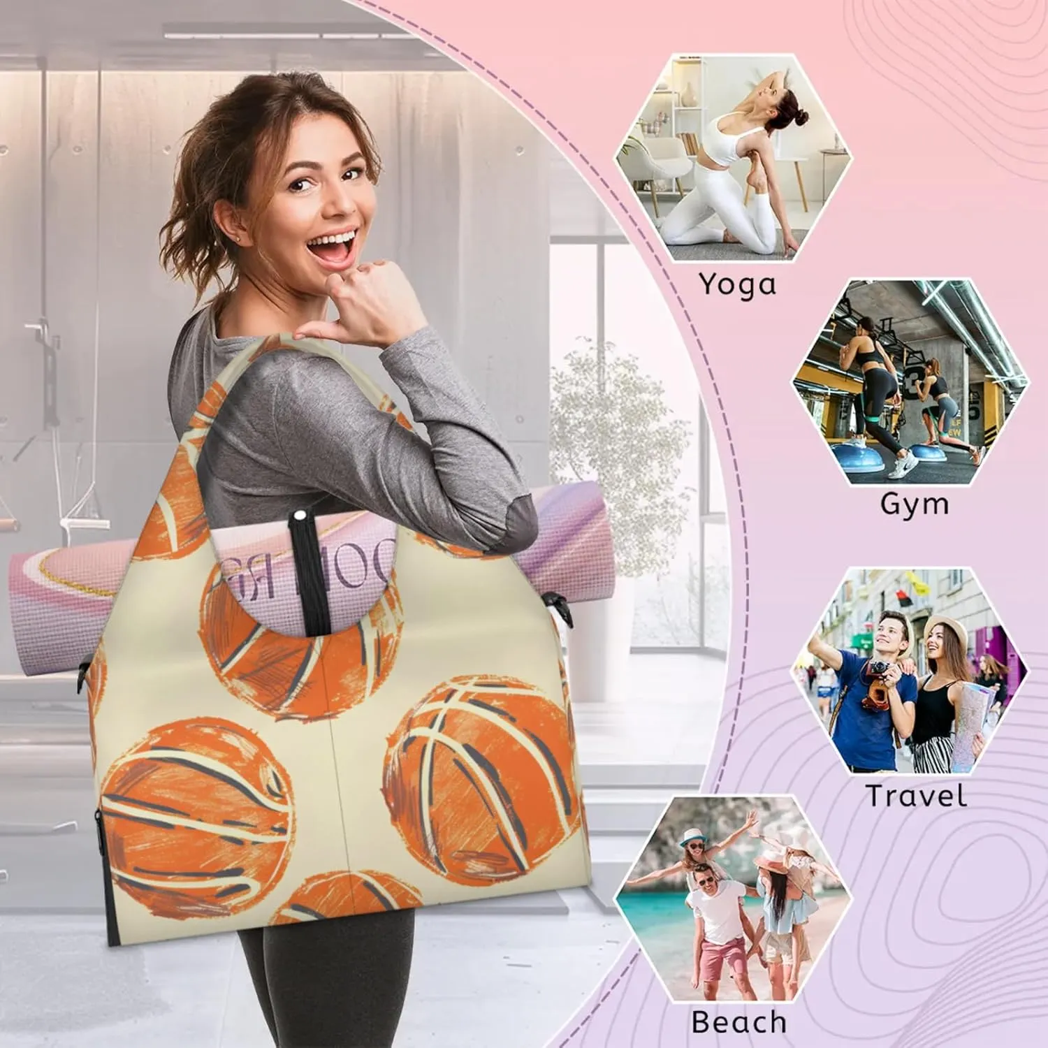 Gym Bag for Women Basketballs Printed Duffel Bag with Shoe Compartment and Yoga Mat Holder Portable Weekender Bags Travel Tote Bags