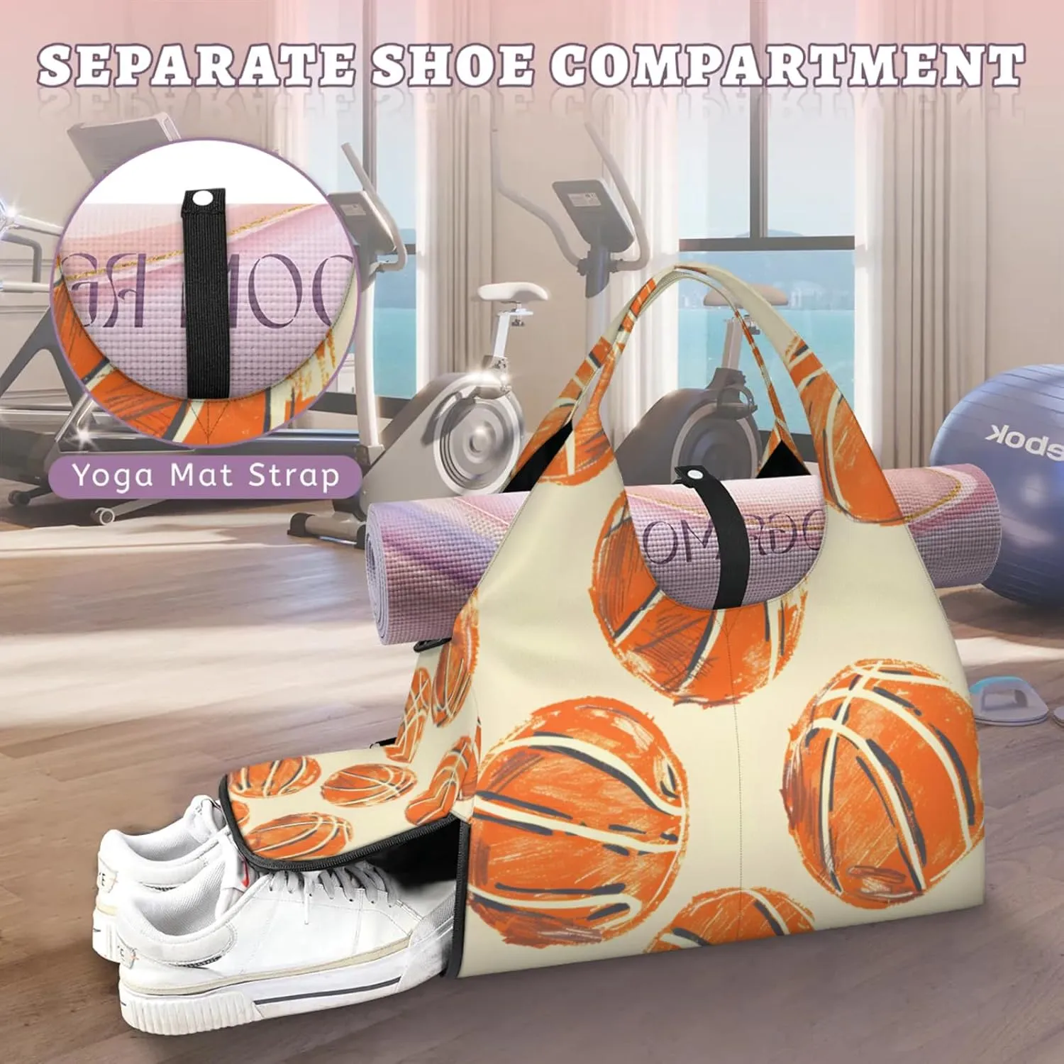 Gym Bag for Women Basketballs Printed Duffel Bag with Shoe Compartment and Yoga Mat Holder Portable Weekender Bags Travel Tote Bags