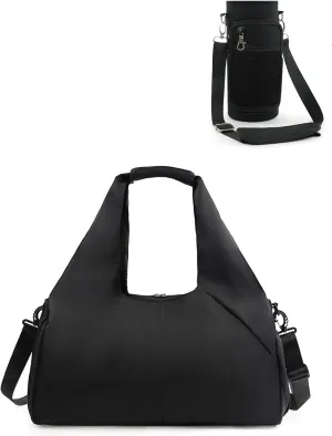 Gym Bag for Women with Shoe Compartment Yoga Mat Bag with Wet Pocket, Water Bottle Carrier Bag with Strap, Black