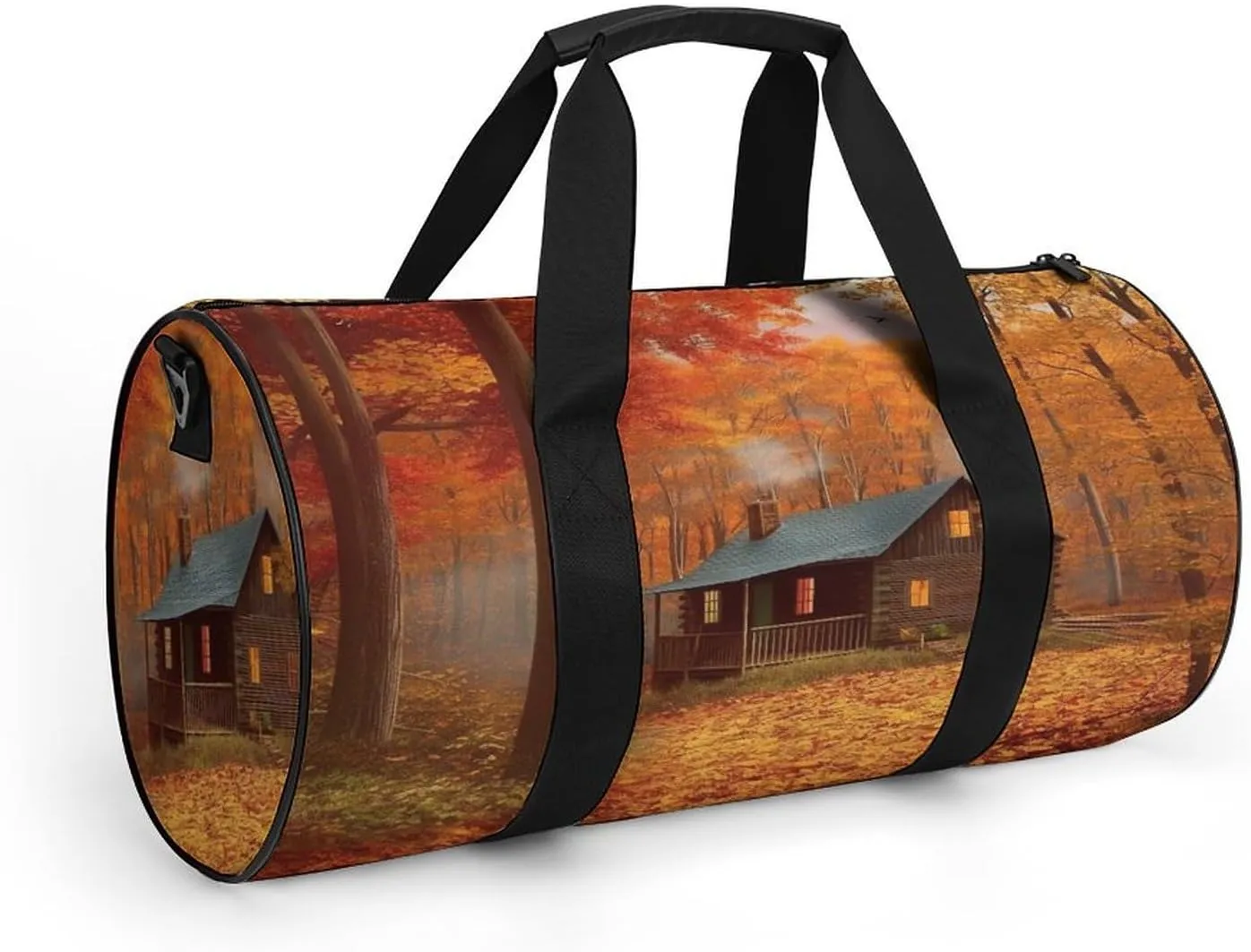 Gym Bag Men & Women Sport Gym Fitness Tote Cylindrical Autumn Woods Cabin Printed Waterproof Shoulder
