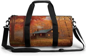 Gym Bag Men & Women Sport Gym Fitness Tote Cylindrical Autumn Woods Cabin Printed Waterproof Shoulder