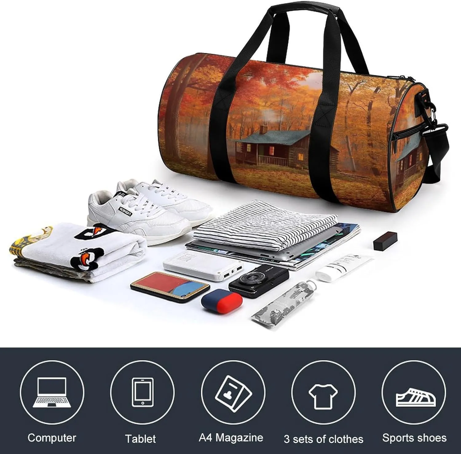 Gym Bag Men & Women Sport Gym Fitness Tote Cylindrical Autumn Woods Cabin Printed Waterproof Shoulder