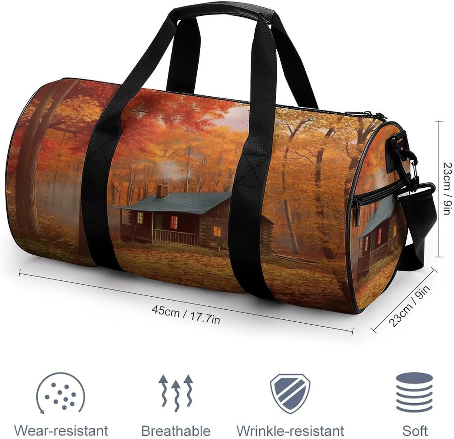 Gym Bag Men & Women Sport Gym Fitness Tote Cylindrical Autumn Woods Cabin Printed Waterproof Shoulder