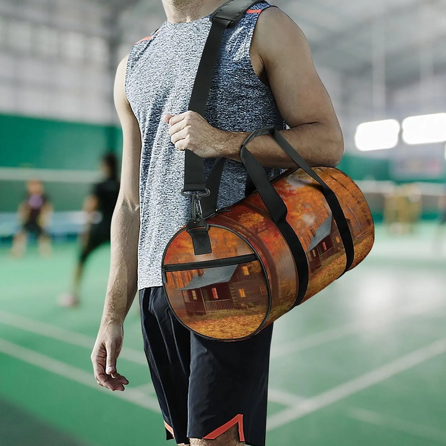 Gym Bag Men & Women Sport Gym Fitness Tote Cylindrical Autumn Woods Cabin Printed Waterproof Shoulder