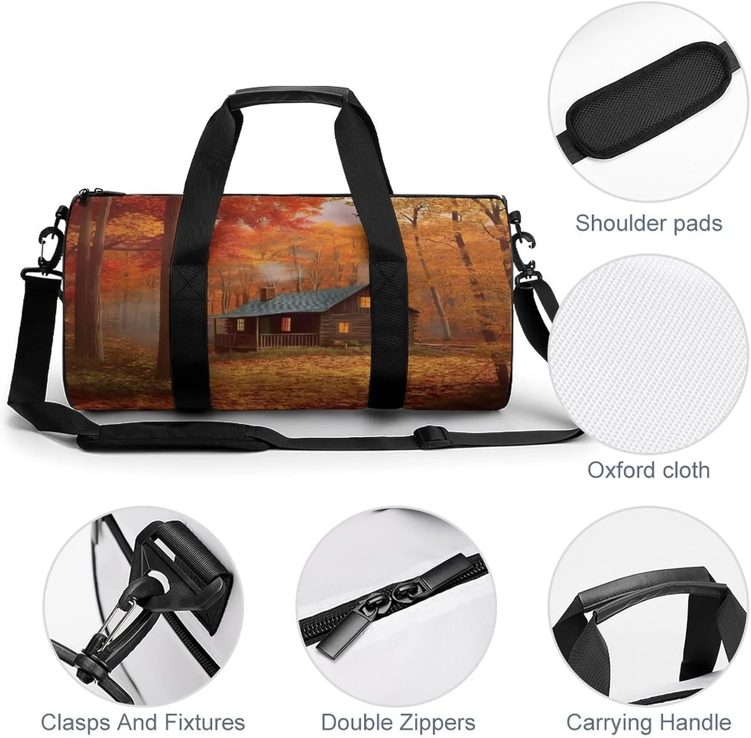Gym Bag Men & Women Sport Gym Fitness Tote Cylindrical Autumn Woods Cabin Printed Waterproof Shoulder