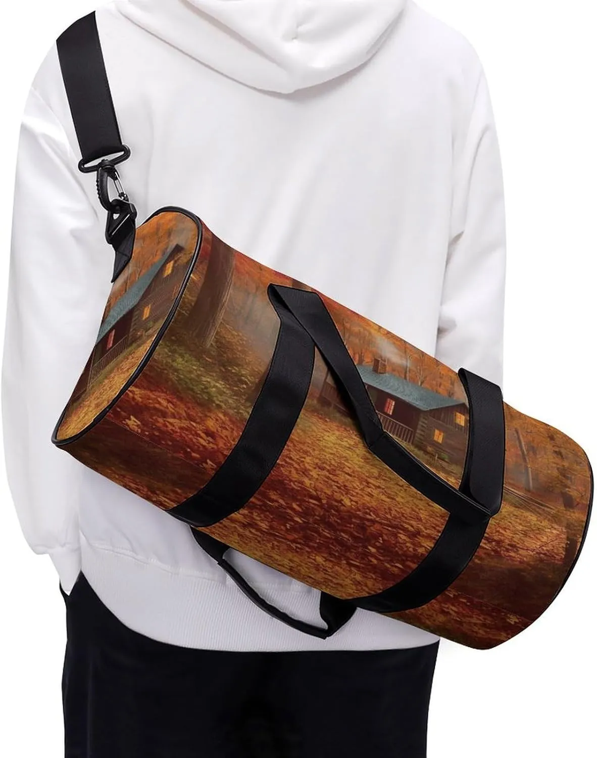 Gym Bag Men & Women Sport Gym Fitness Tote Cylindrical Autumn Woods Cabin Printed Waterproof Shoulder