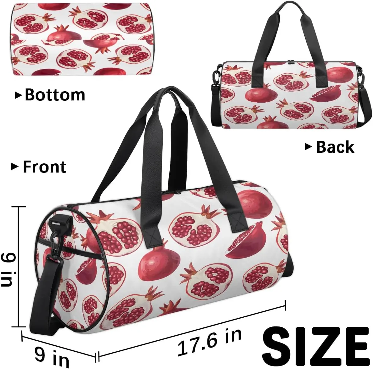 Gym Bags for Men Women Pomegranate Printed Sports Duffel Bags Carry On Travel Duffle Bag with Detachable Adjustable Shoulder Strap Overnight Weekender Bag