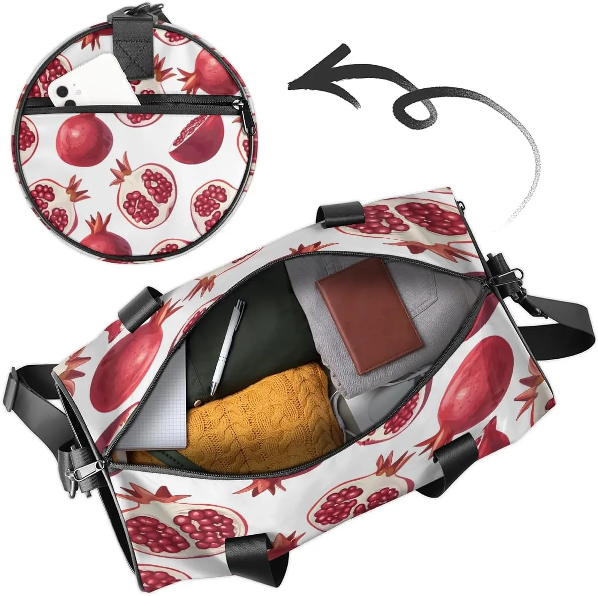 Gym Bags for Men Women Pomegranate Printed Sports Duffel Bags Carry On Travel Duffle Bag with Detachable Adjustable Shoulder Strap Overnight Weekender Bag