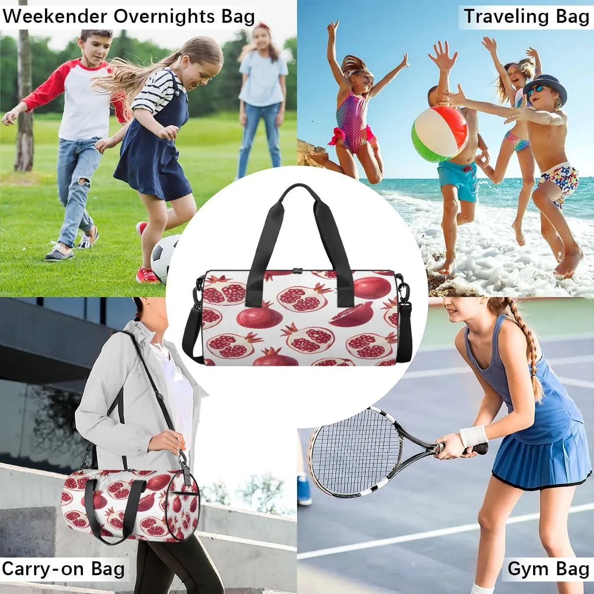 Gym Bags for Men Women Pomegranate Printed Sports Duffel Bags Carry On Travel Duffle Bag with Detachable Adjustable Shoulder Strap Overnight Weekender Bag