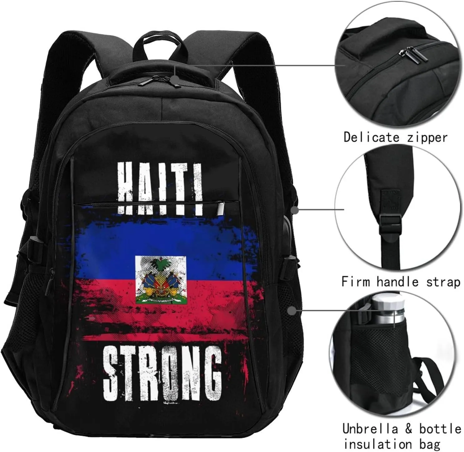 Haiti Strong Graffiti Flag Travel Backpacks Casual Backpack Large Capacity Laptop Rucksack Luggage Daypacks with USB Charging Port Multi-Pockets Bags for Hiking