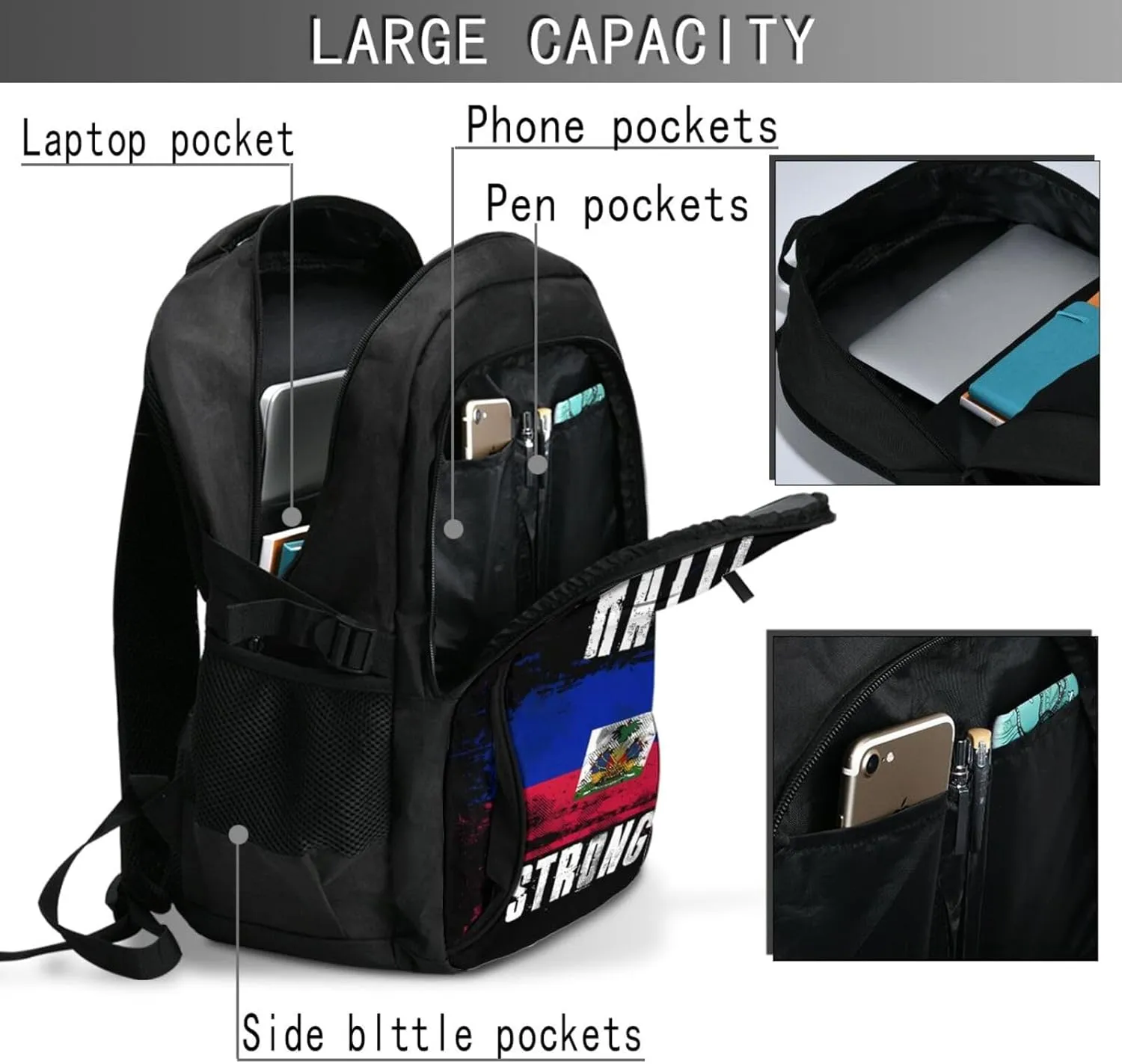 Haiti Strong Graffiti Flag Travel Backpacks Casual Backpack Large Capacity Laptop Rucksack Luggage Daypacks with USB Charging Port Multi-Pockets Bags for Hiking