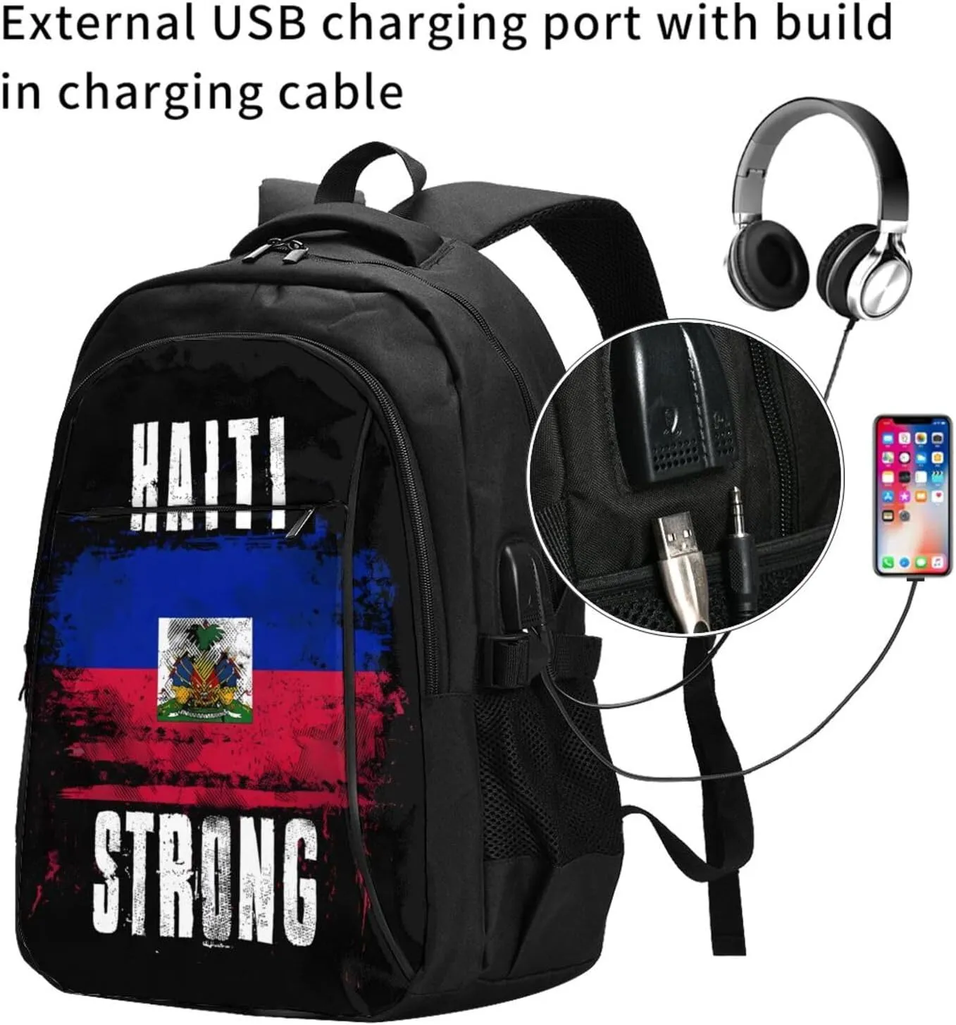 Haiti Strong Graffiti Flag Travel Backpacks Casual Backpack Large Capacity Laptop Rucksack Luggage Daypacks with USB Charging Port Multi-Pockets Bags for Hiking