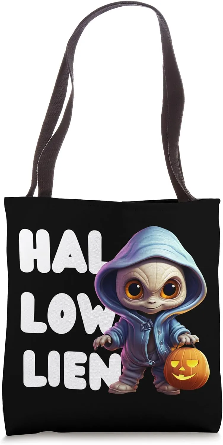 Halloween Alien with pumpkin HAL LOW LIEN Trick or Treat Tote Bag