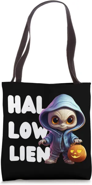 Halloween Alien with pumpkin HAL LOW LIEN Trick or Treat Tote Bag