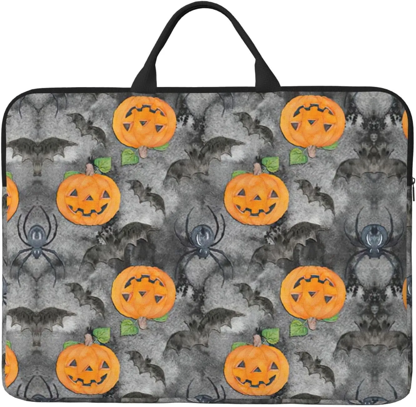 Halloween Grey Bat Spider Pumpkin 14in Laptop Case Sleeve Bag – Shoulder Messenger Briefcase Carrying Handle and Accessory Pocket