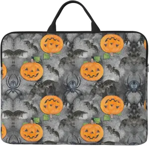 Halloween Grey Bat Spider Pumpkin 14in Laptop Case Sleeve Bag – Shoulder Messenger Briefcase Carrying Handle and Accessory Pocket