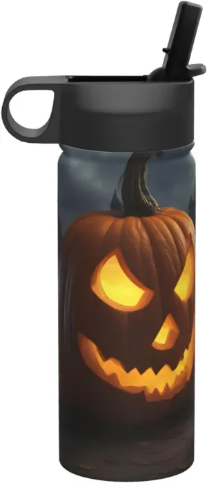 Halloween Pumpkin Print Flask Stainless Steel Water Bottle with Straw 18OZ FOR Outdoor Gym Commute