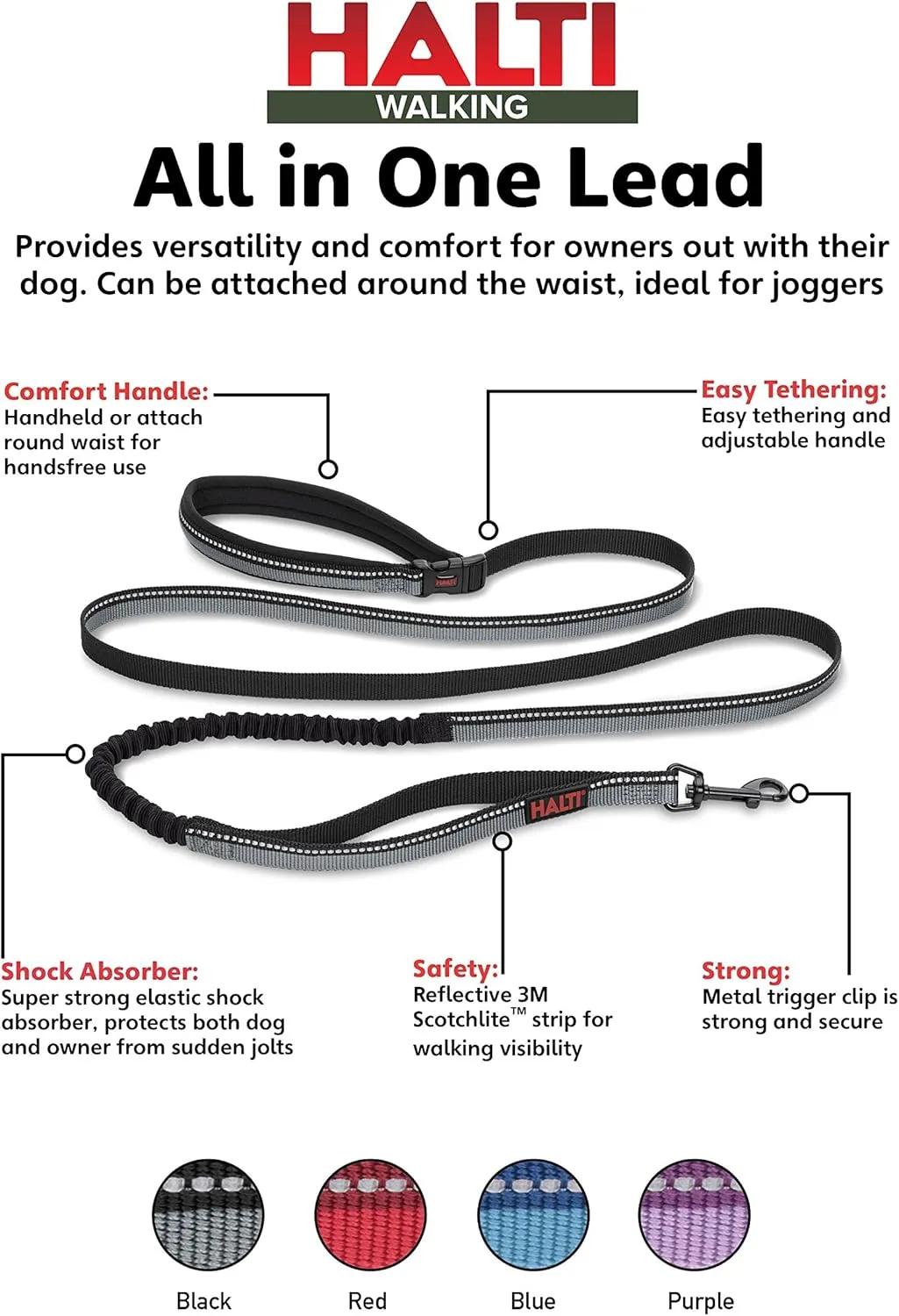 HALTI Active Leash - Award-Winning Bungee Dog Leash, Shock-Absorbing, All-in-One Neoprene Padded Belt & Lead, Perfect for Running & Training with Medium & Large Dogs (Size Large, Black)