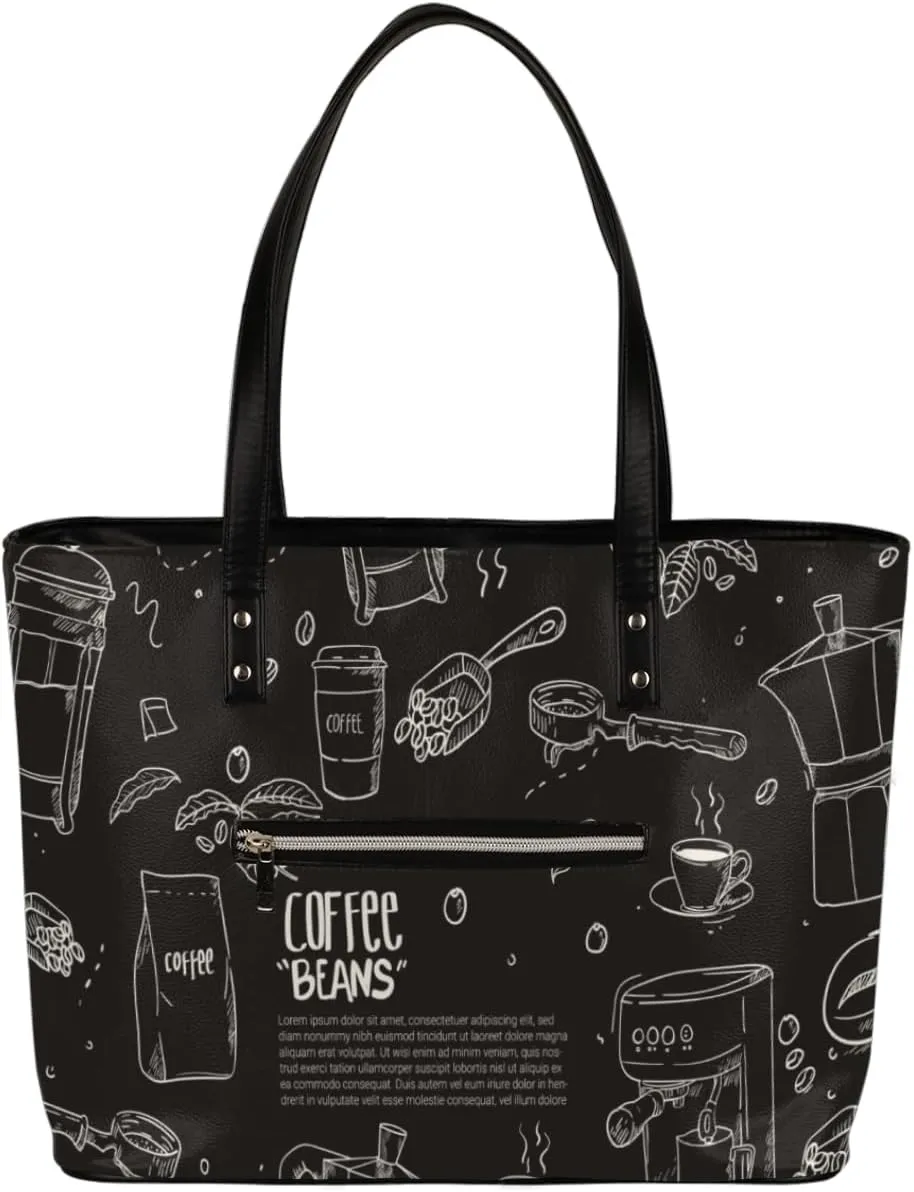 Hand Drawn Coffee Equipment Composition Background Tote Bag Women Shoulder Handbags PU Leather Everyday Bag with External Pocket Large Capacity Aesthetic Corduroy Tote Bag for Travel Work Party