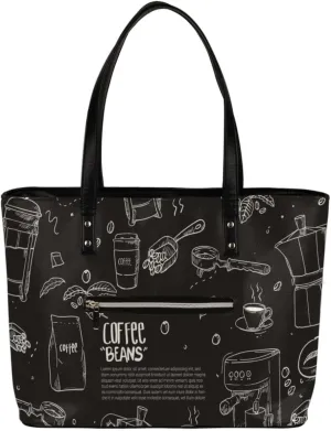 Hand Drawn Coffee Equipment Composition Background Tote Bag Women Shoulder Handbags PU Leather Everyday Bag with External Pocket Large Capacity Aesthetic Corduroy Tote Bag for Travel Work Party