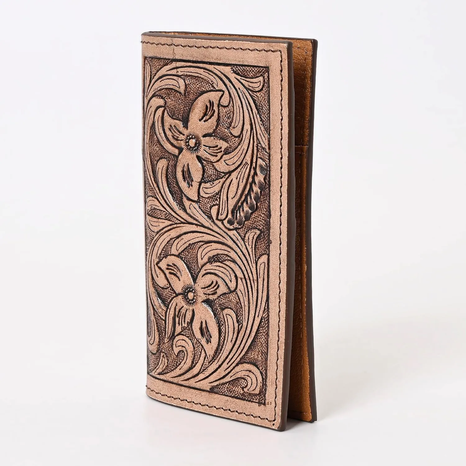 Handcrafted Western Leather Wallet for Men & Women Card Holder RFID Protected Checkbook Cover Purses Leather Hand Bag Genuine Leather Slim Bifold Wallet Western Design Handtooled Dbrown