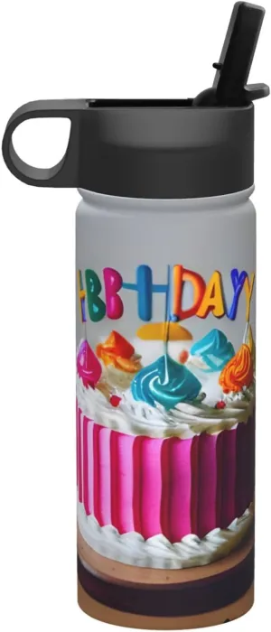 Happy Birthday Cake Print Flask Stainless Steel Water Bottle with Straw 18OZ FOR Outdoor Gym Commute