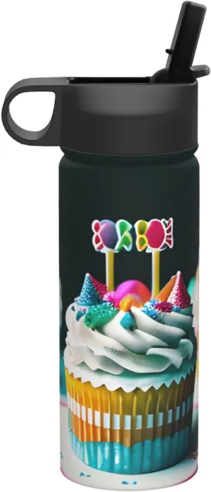 Happy Birthday Cakes Print Flask Stainless Steel Water Bottle with Straw 18OZ FOR Outdoor Gym Commute
