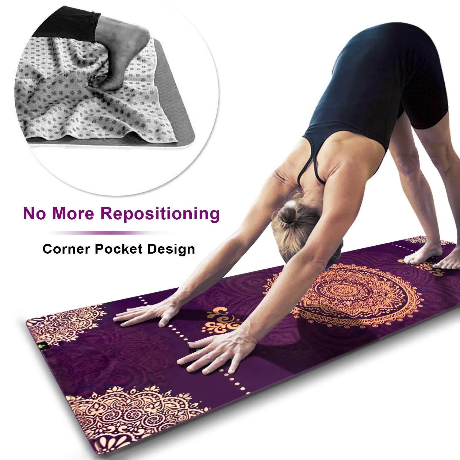 Heathyoga Non Slip Hot Yoga Towel, 100% Microfiber Non Slip Yoga Mat Towel for Hot Yoga, Pilates and Fitness, Exclusive Corner Pockets Design   Free Spray Bottle