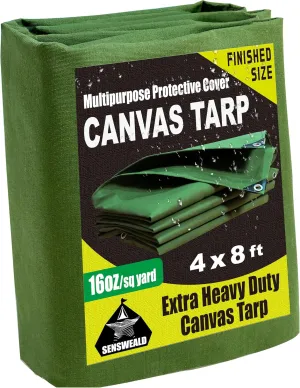 Heavy Duty Canvas Tarp 4x8 Feet 16oz Water-Resistant Canvas Tarp with Grommets，Tear Resistant, Durable, Multipurpose Protective Green Cover for Camping, Tent, Car