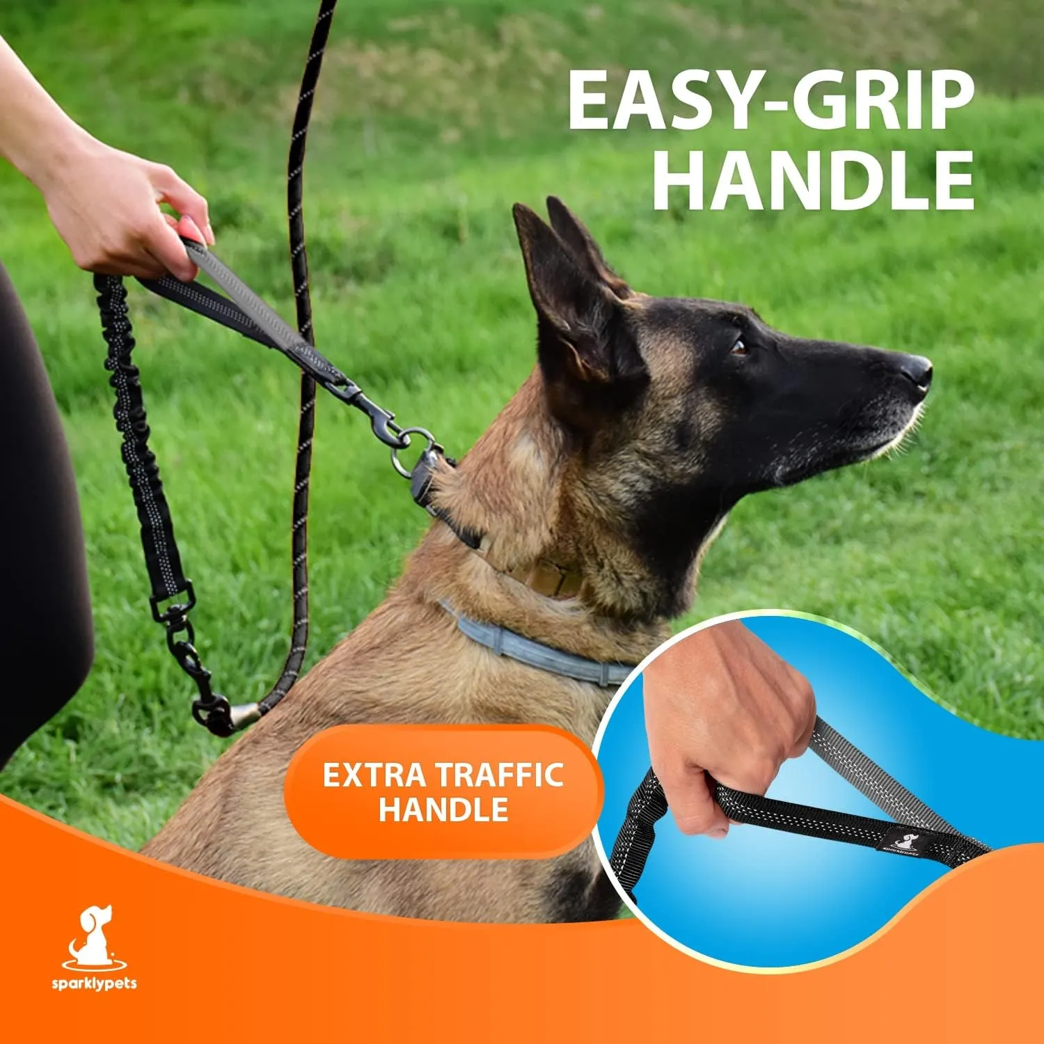 Heavy Duty Rope Bungee Leash for Large and Medium Dogs with Anti-Pull for Shock Absorption - No Slip Reflective Leash for Outside (Black, Bungee Leash- 5.5 Ft)