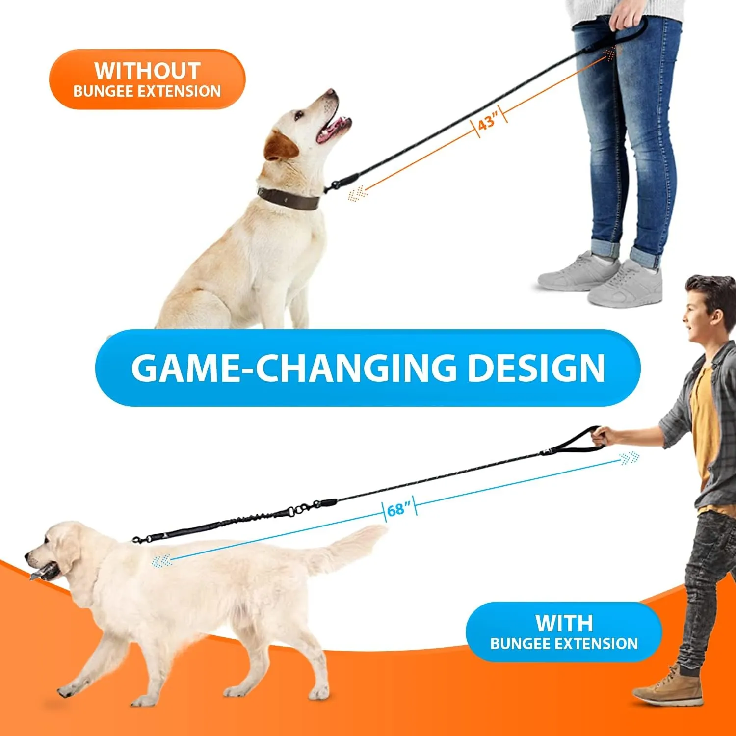 Heavy Duty Rope Bungee Leash for Large and Medium Dogs with Anti-Pull for Shock Absorption - No Slip Reflective Leash for Outside (Black, Bungee Leash- 5.5 Ft)