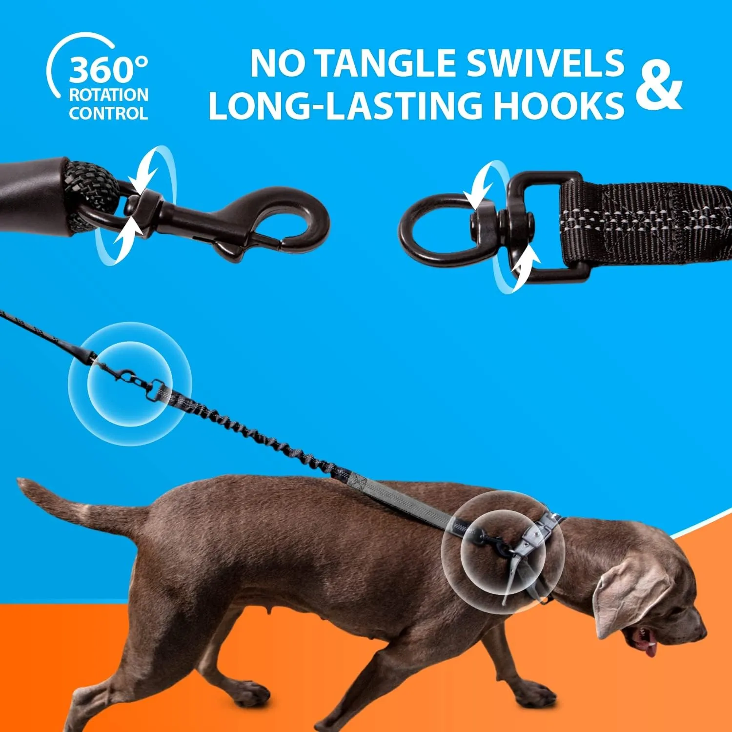 Heavy Duty Rope Bungee Leash for Large and Medium Dogs with Anti-Pull for Shock Absorption - No Slip Reflective Leash for Outside (Black, Bungee Leash- 5.5 Ft)