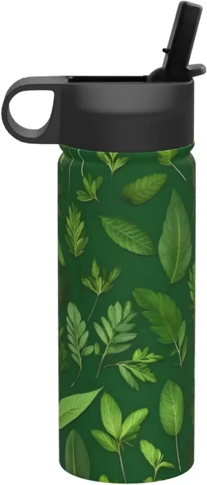 Herb Plant Leaves Print Flask Stainless Steel Water Bottle with Straw 18OZ FOR Outdoor Gym Commute