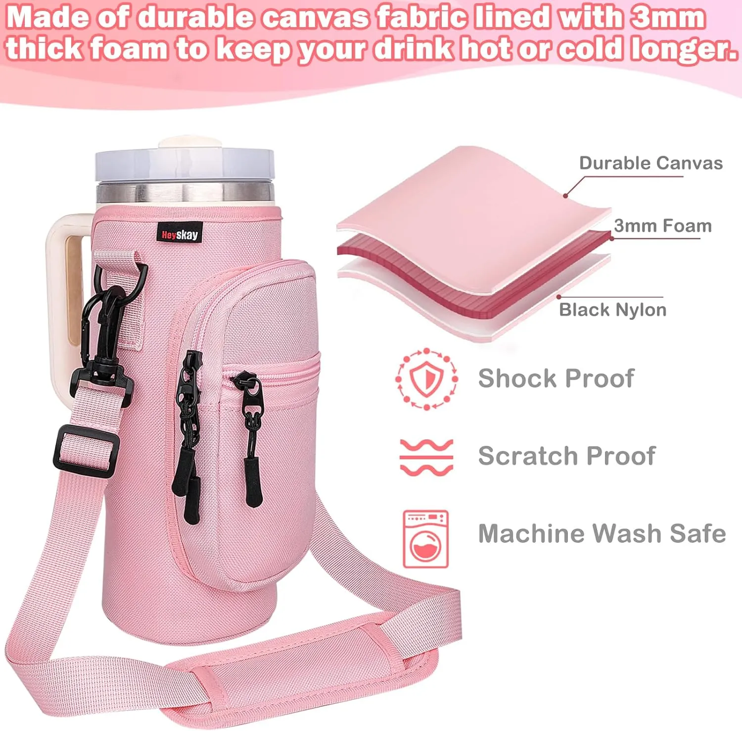 HEYSKAY Water Bottle Carrier Bag With Strap for Owala, Phone Pocket for 40/30oz Tumbler, 2PCS Straw Covers, Stanley Accessories for Travelling