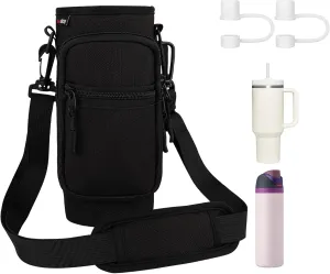HEYSKAY Water Bottle Carrier Bag With Strap for Owala, Phone Pocket for 40/30oz Tumbler, 2PCS Straw Covers, Stanley Accessories for Travelling