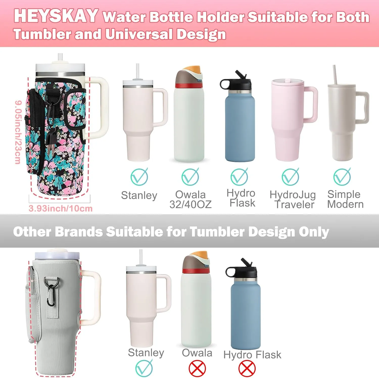 HEYSKAY Water Bottle Carrier Bag With Strap for Owala, Phone Pocket for 40/30oz Tumbler, 2PCS Straw Covers, Stanley Accessories for Travelling