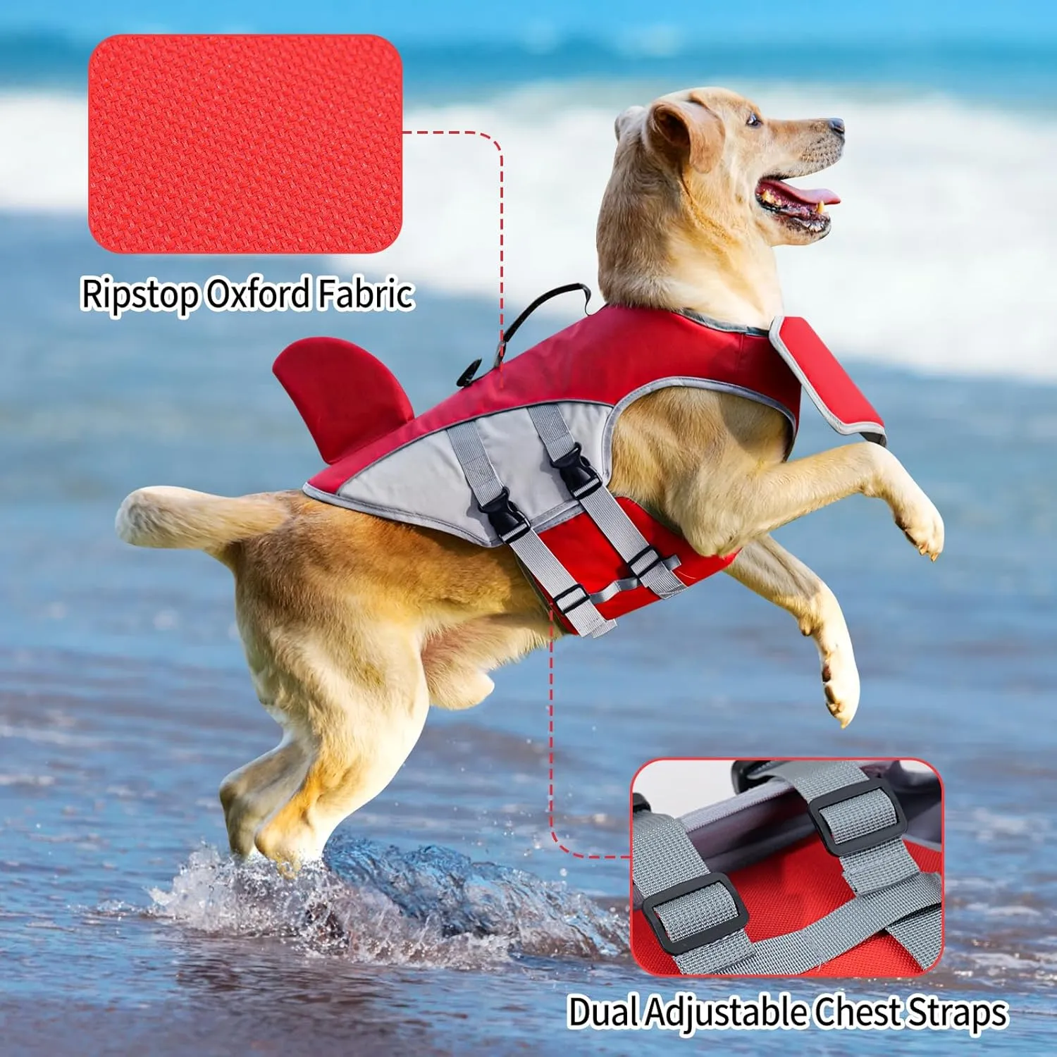 HEYWEAN Dog Life Jacket for Swimming Boating High Buoyancy Adjustable Dog Life Vest with Reflective Strips Rescue Handle Secure Fit Floating Swim Vest for Small Medium Large Dogs (Red, Medium)