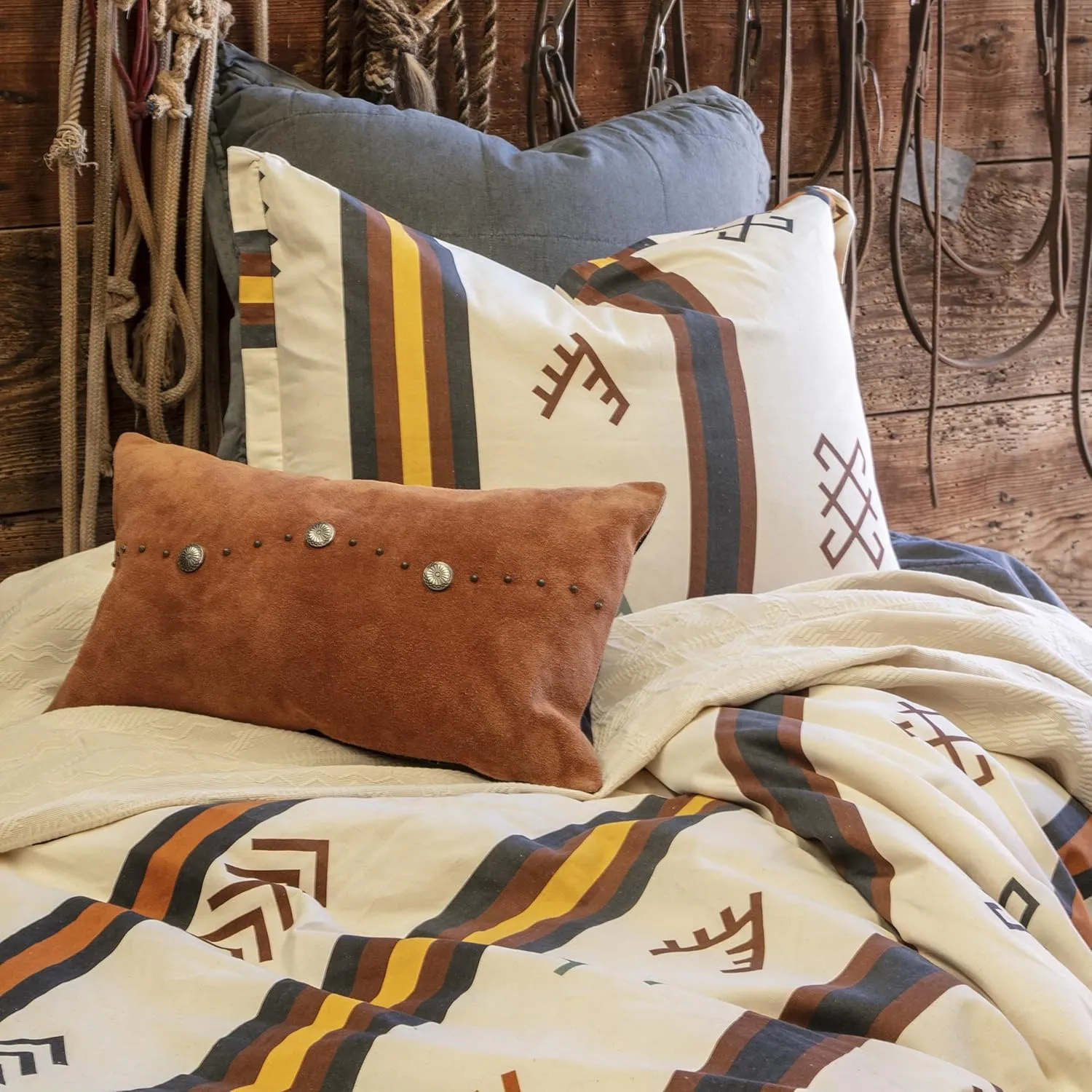 HiEnd Accents Toluca Canvas Western Bedding 3 Piece King Duvet Covet Set, Cattle Brand Symbols Print, Striped Cotton Rustic Cabin Lodge Bed Set, 1 Comforter Cover, 2 Pillowcases
