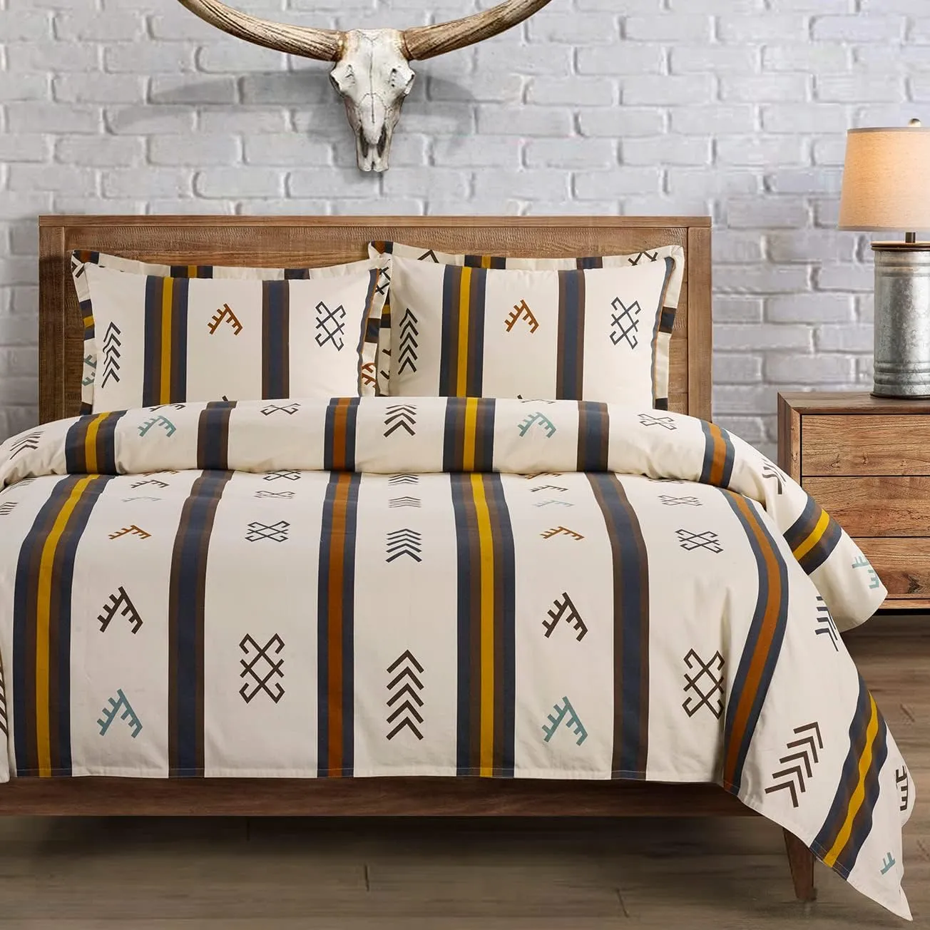 HiEnd Accents Toluca Canvas Western Bedding 3 Piece King Duvet Covet Set, Cattle Brand Symbols Print, Striped Cotton Rustic Cabin Lodge Bed Set, 1 Comforter Cover, 2 Pillowcases