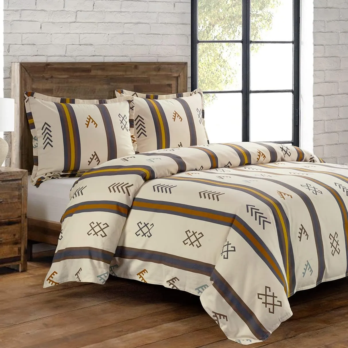 HiEnd Accents Toluca Canvas Western Bedding 3 Piece King Duvet Covet Set, Cattle Brand Symbols Print, Striped Cotton Rustic Cabin Lodge Bed Set, 1 Comforter Cover, 2 Pillowcases
